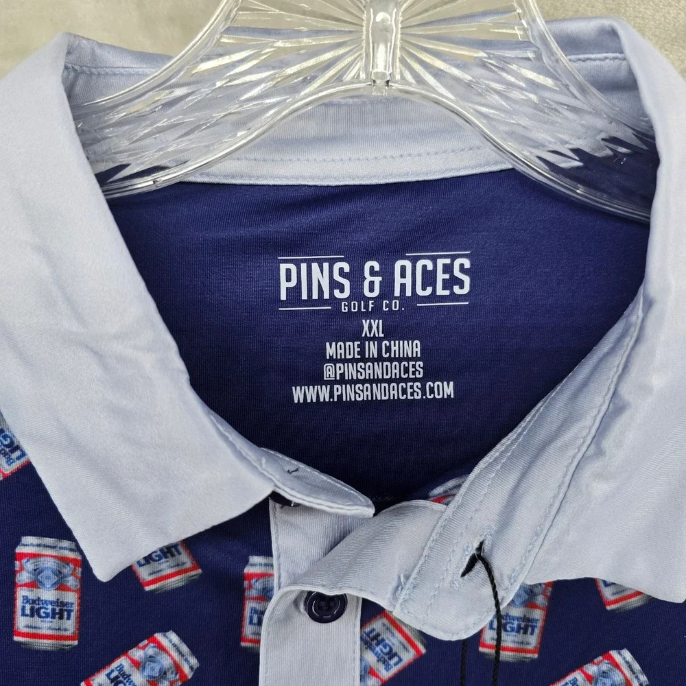 Pins & Aces Golf Polo Mens XXL Blue Budweiser Light Beer Performance Shirt